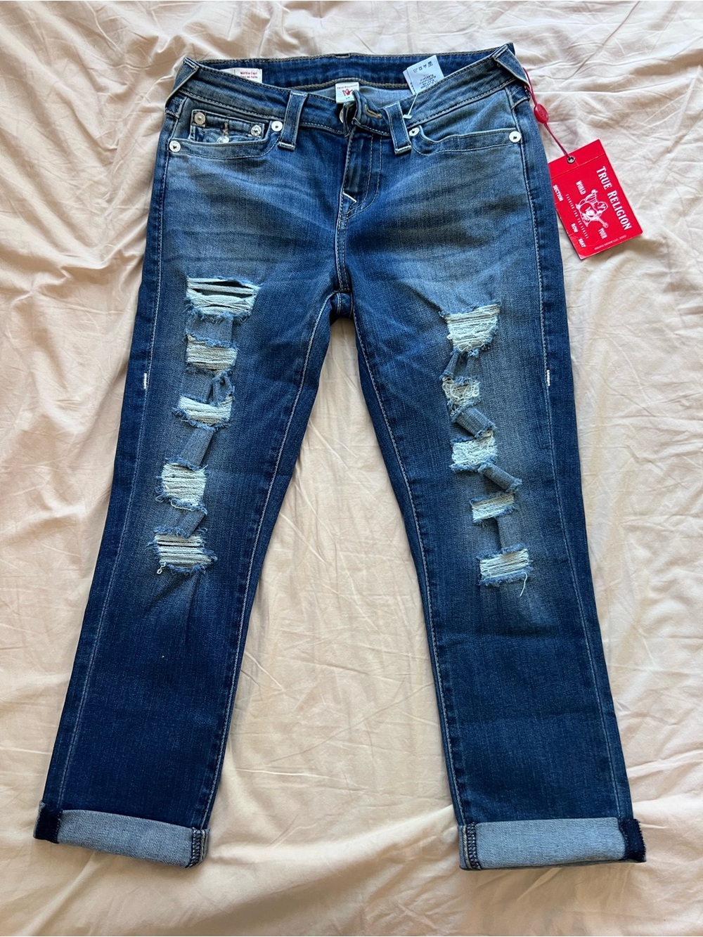 True Religion Dark Blue Ripped Boyfriend Jeans